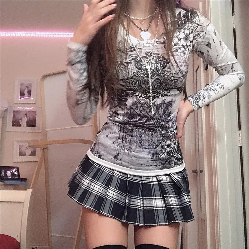 Y2K Grunge White Long Sleeve Top