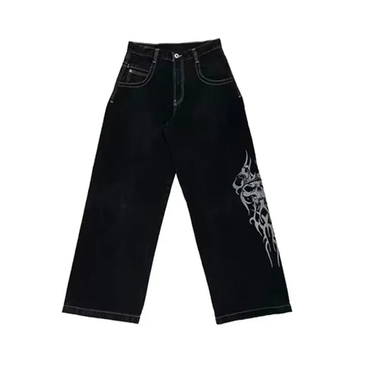 Y2K Black Baggy Jeans With Side Embroidery