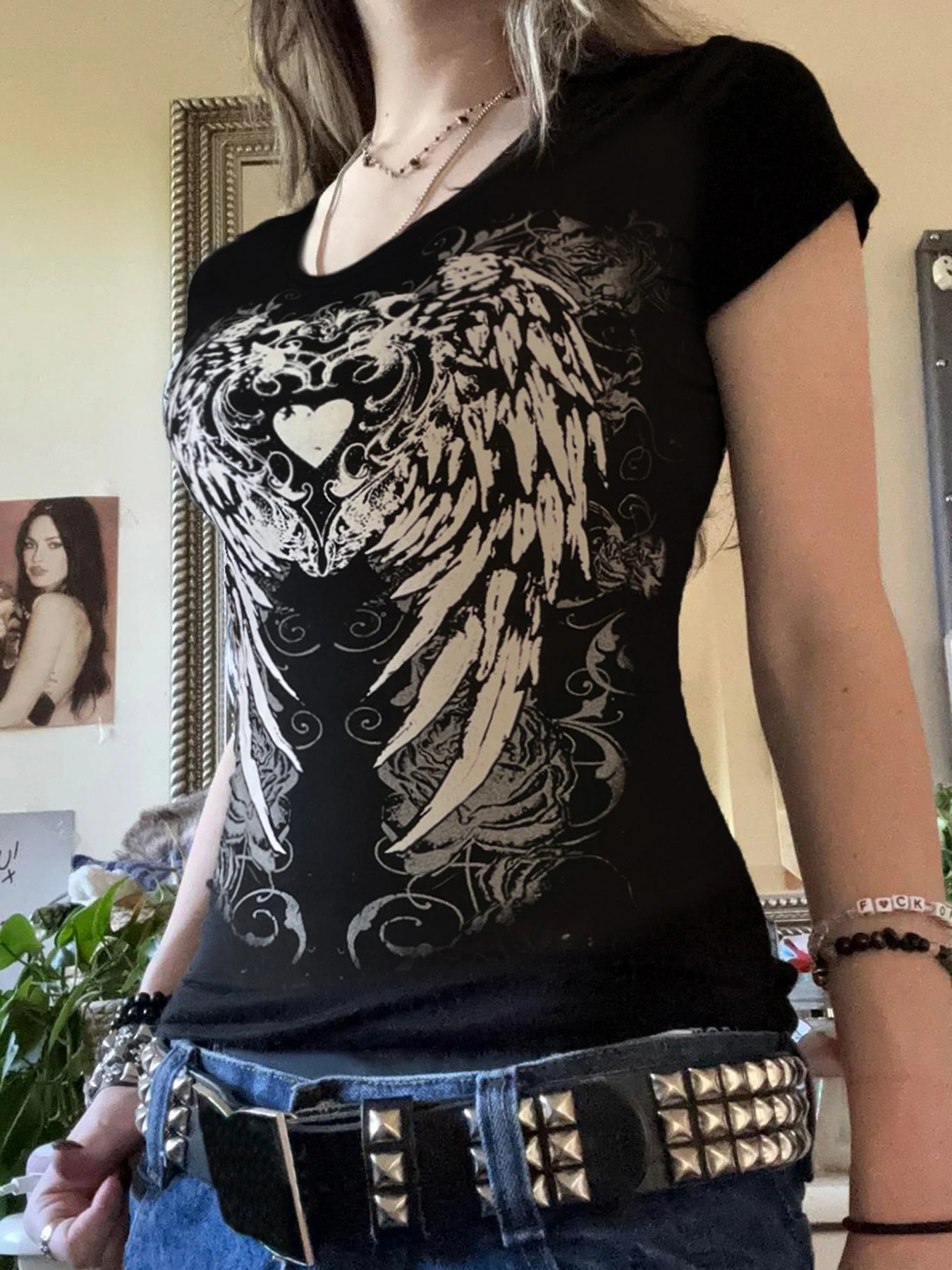 Y2K Grunge Black Heart Print T-shirt