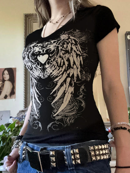 Y2K Grunge Black Heart Print T-shirt