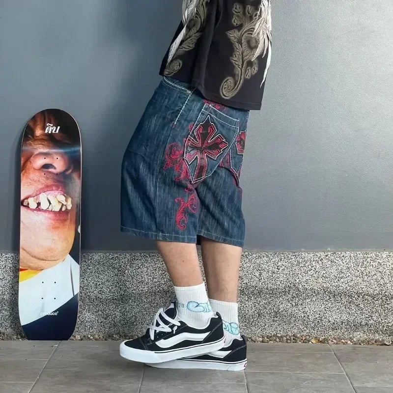 Y2k Graphic Cross Print Baggy Denim Shorts