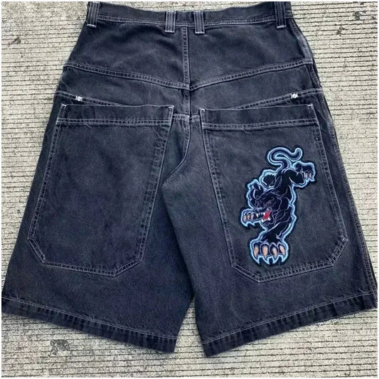 Streetwear Baggy Jean Shorts With Black Panther Embroidery