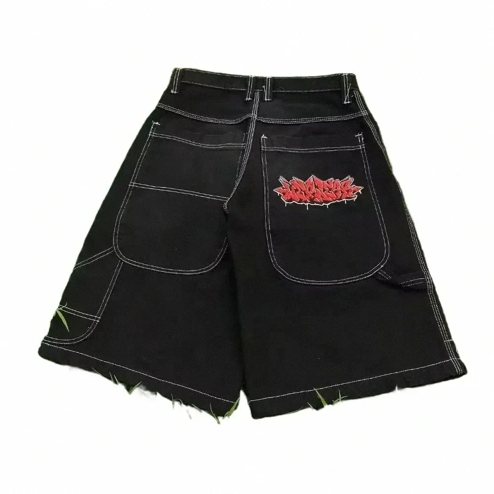 Streetwear Baggy Jean Shorts With Graffiti Embroidery