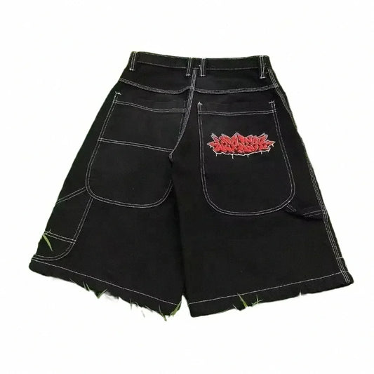 Streetwear Baggy Jean Shorts With Graffiti Embroidery