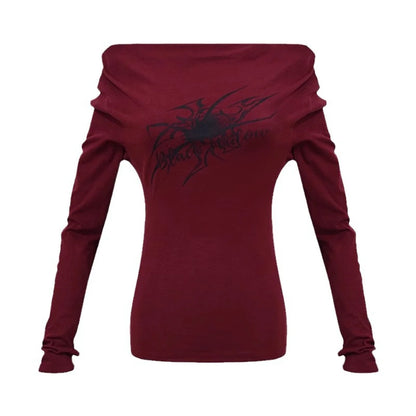 Y2K Grunge Red Off Shoulder Cropped Long Sleeve T-shirt