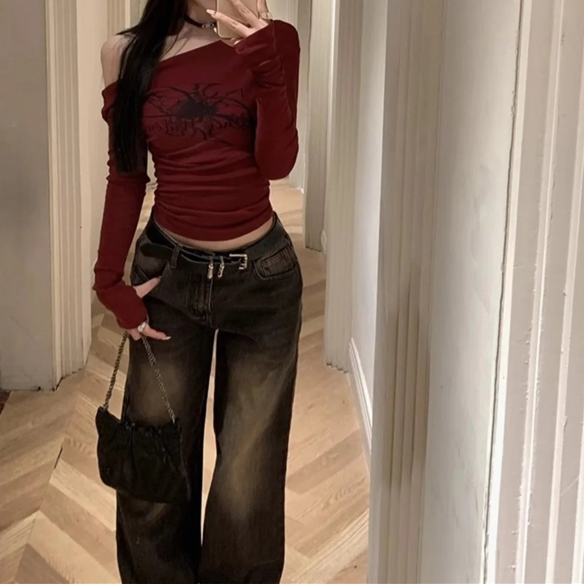 Y2K Grunge Red Off Shoulder Cropped Long Sleeve T-shirt