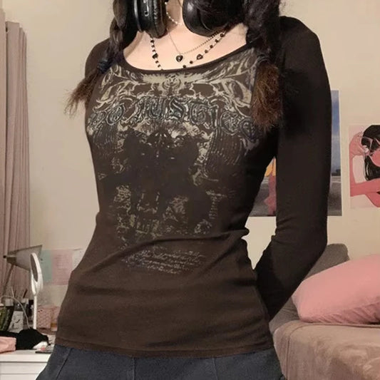 Y2K Grunge Brown Long Sleeve Top