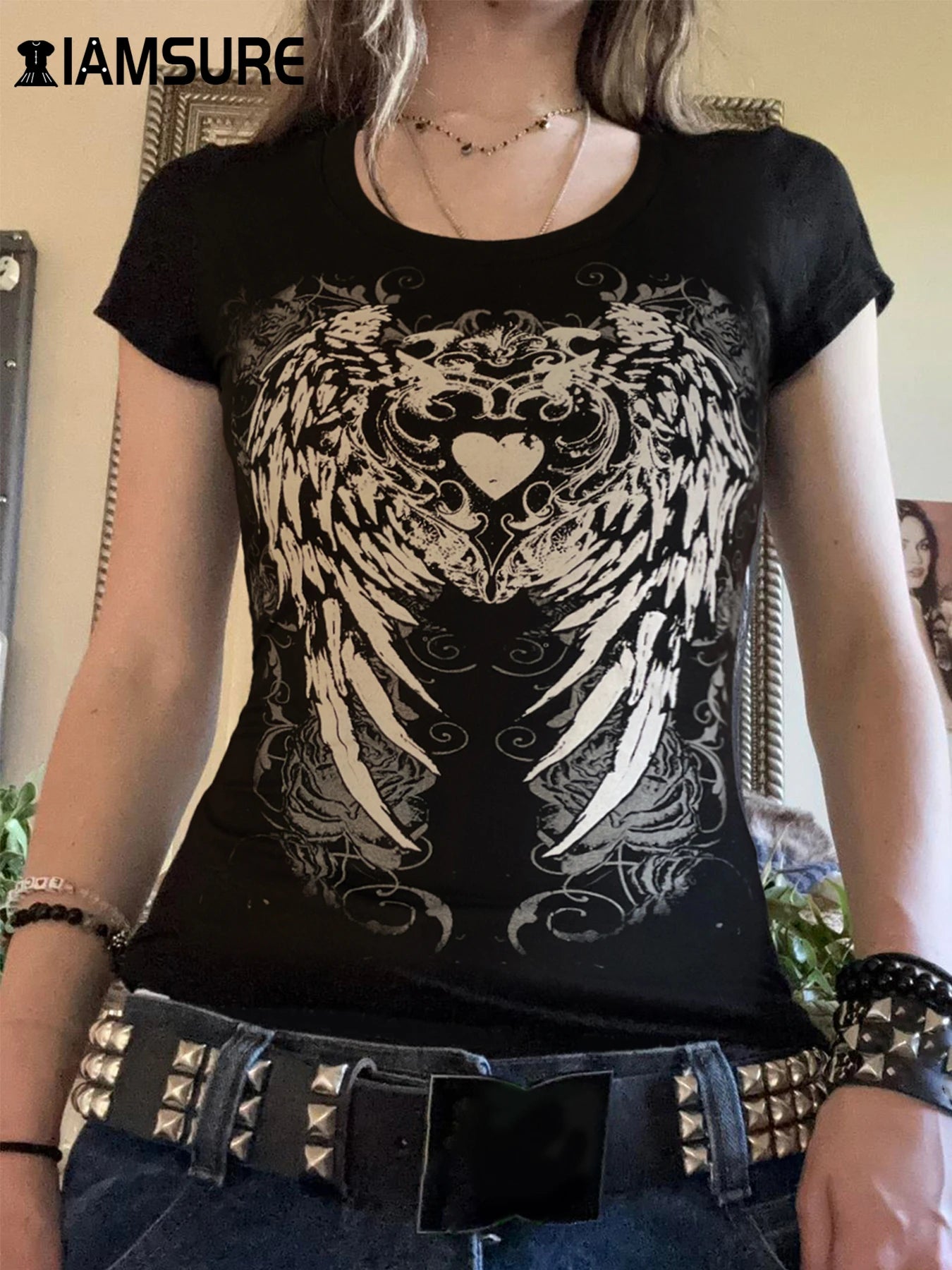 Y2K Grunge Black Heart Print T-shirt