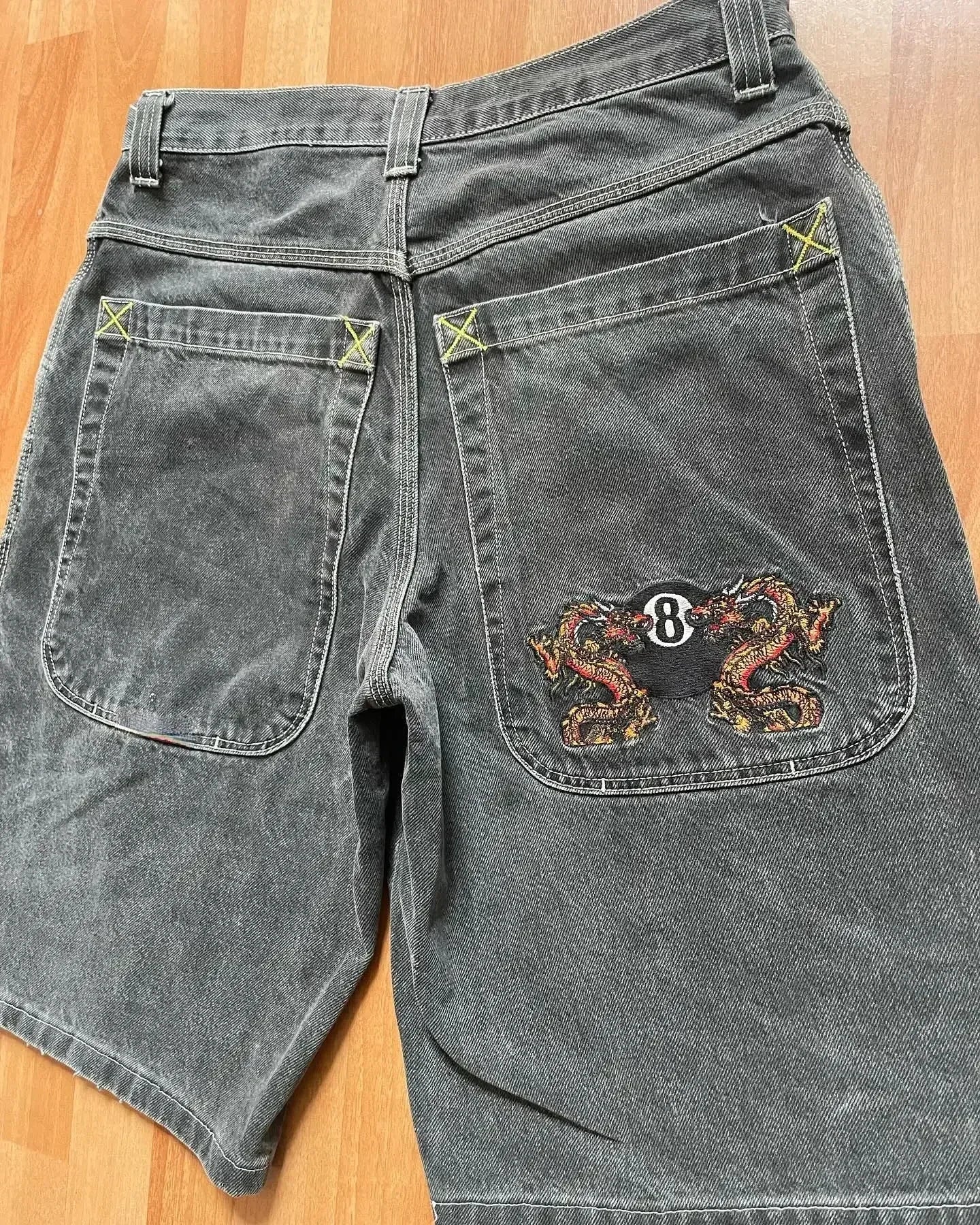 Streetwear Baggy Jean Shorts With Billiard Embroidery