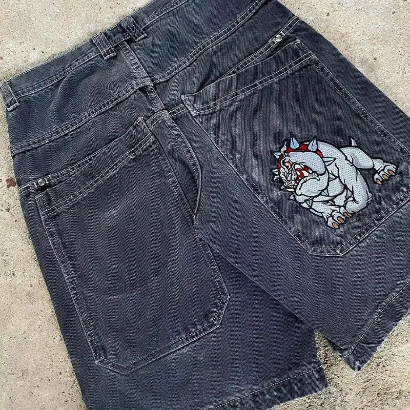 Streetwear Baggy Jean Shorts With Pitbull Embroidery