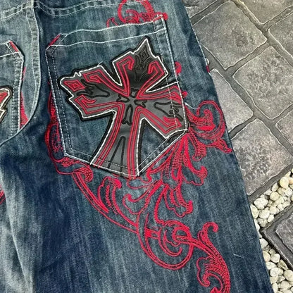 Y2k Graphic Cross Print Baggy Denim Shorts