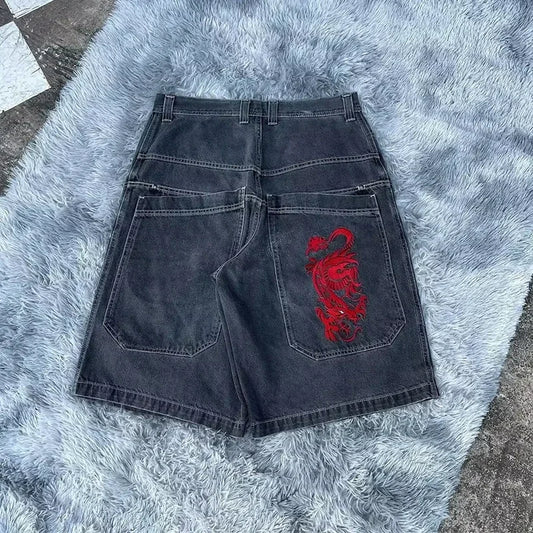 Streetwear Baggy Jean Shorts With Red Dragon Embroidery