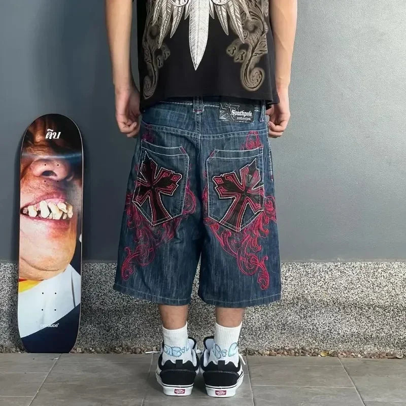 Y2k Graphic Cross Print Baggy Denim Shorts