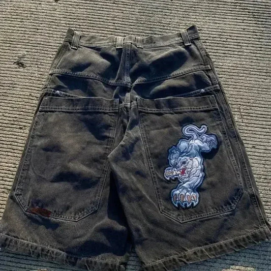 Streetwear Baggy Jean Shorts With Tiger Embroidery