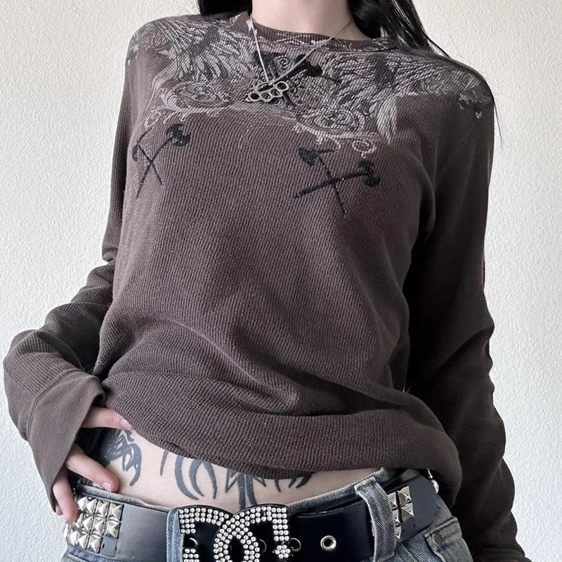 Y2K Grunge Dark Brown Long Sleeve Top