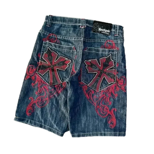 Y2k Graphic Cross Print Baggy Denim Shorts