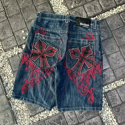 Y2k Graphic Cross Print Baggy Denim Shorts