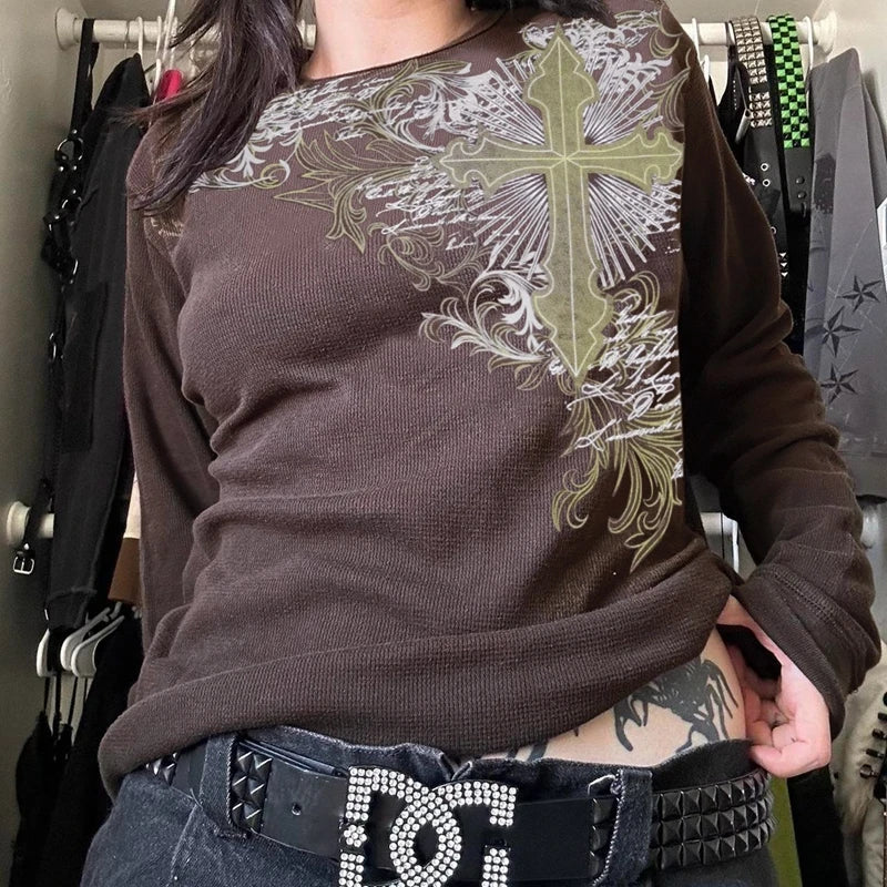 Y2K Grunge Brown Long Sleeve Top