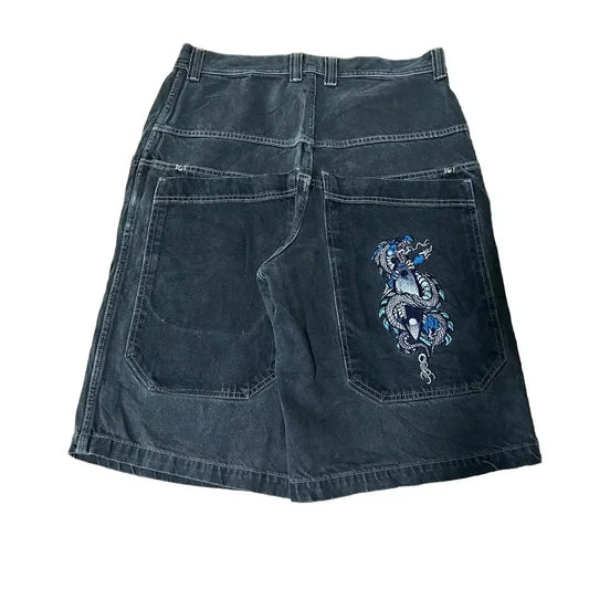 Streetwear Baggy Jean Shorts With Blue Dragon Embroidery