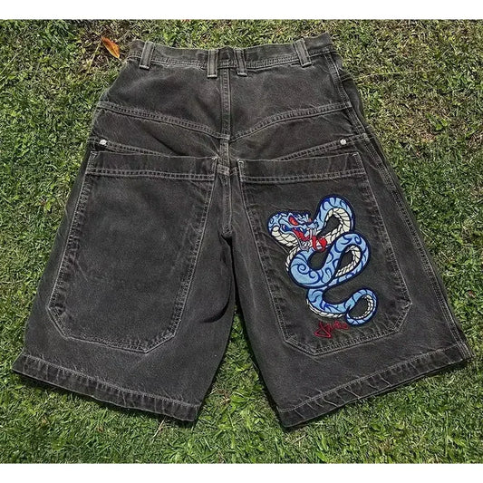 Streetwear Baggy Jean Shorts With Snake Embroidery
