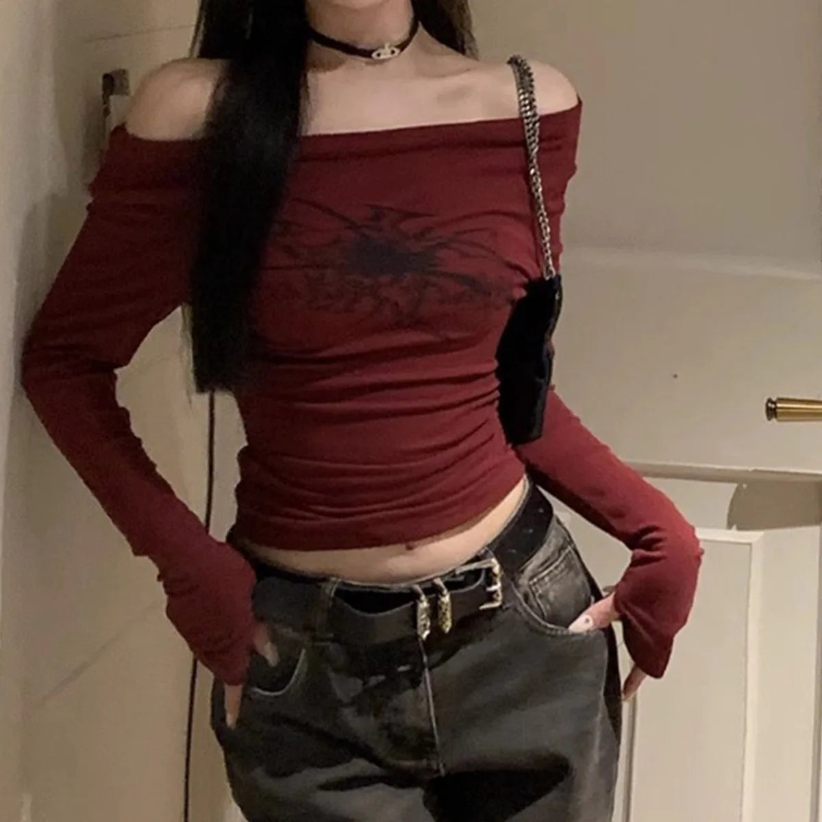 Y2K Grunge Red Off Shoulder Cropped Long Sleeve T-shirt