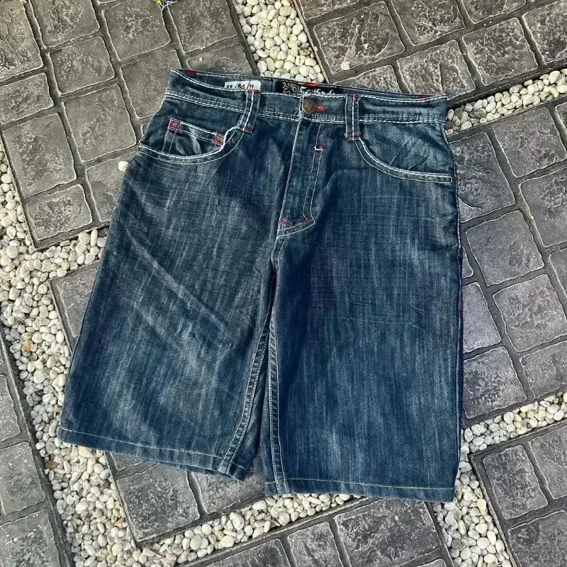 Y2k Graphic Cross Print Baggy Denim Shorts