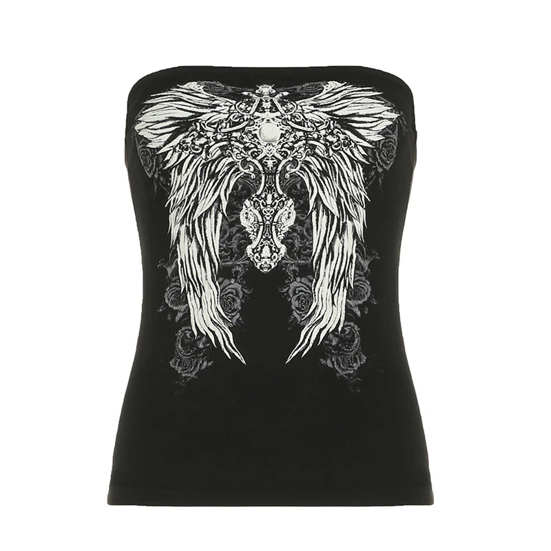 Y2k Gothic Print Black Tube Top