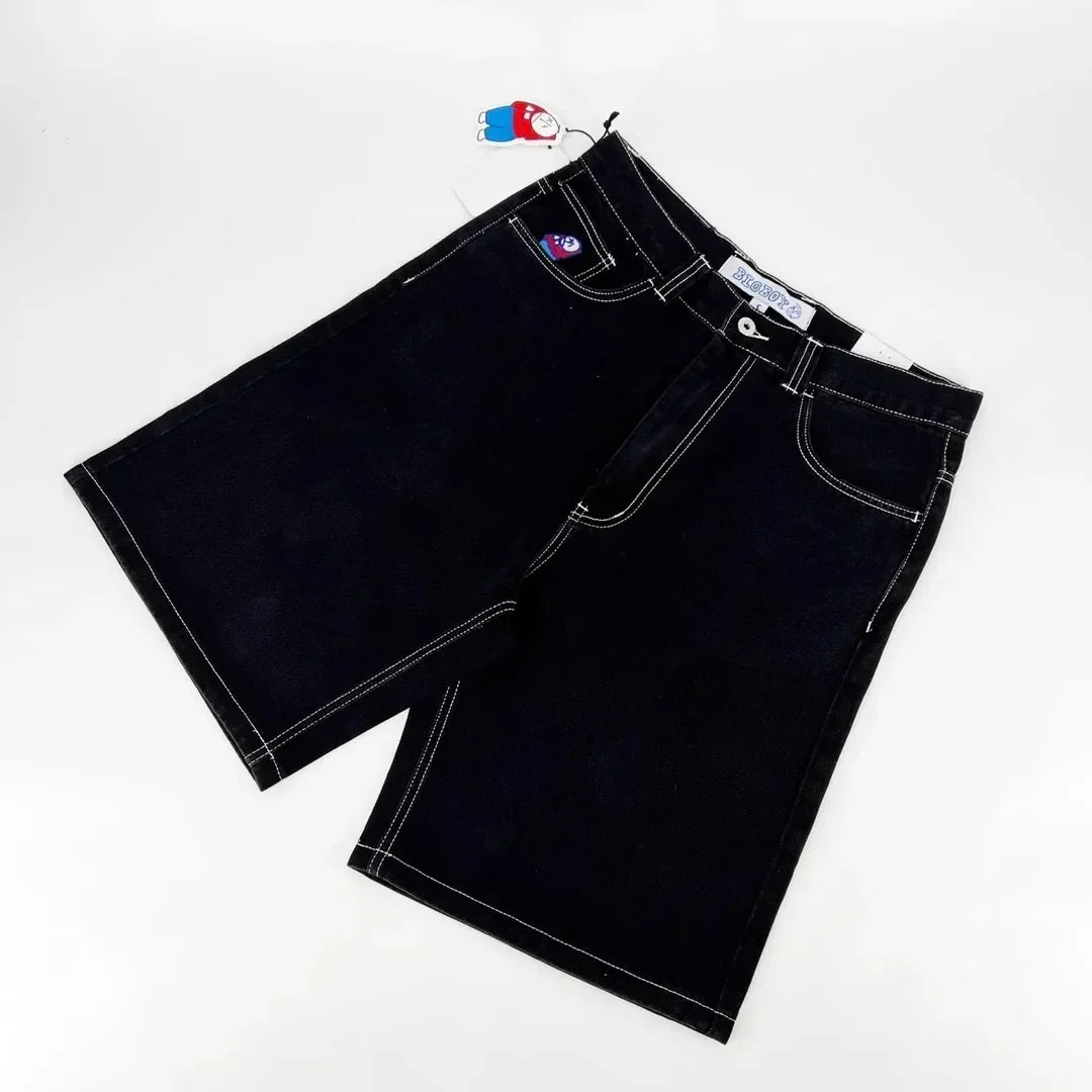 Vintage Black Graphic Print Baggy Denim Shorts
