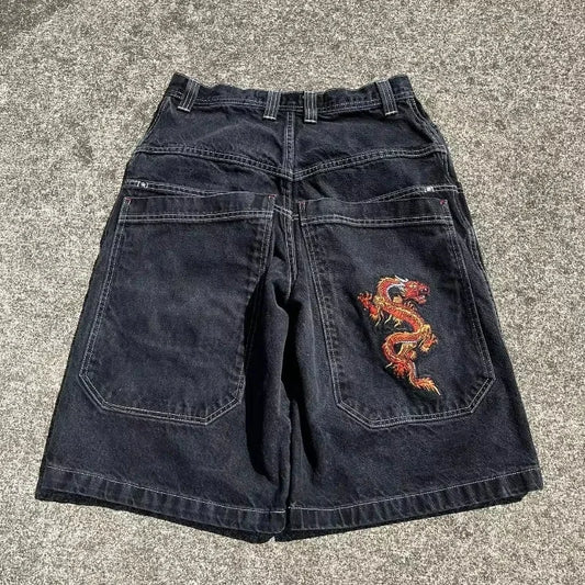 Streetwear Baggy Jean Shorts With Orange Dragon Embroidery