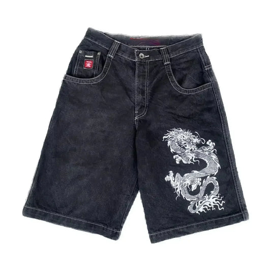 Streetwear Baggy Jean Shorts With Front Dragon Embroidery