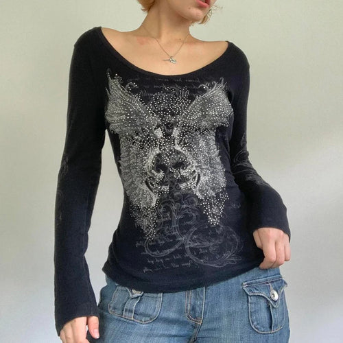 Y2K Grunge Dark Blue Long Sleeve Top
