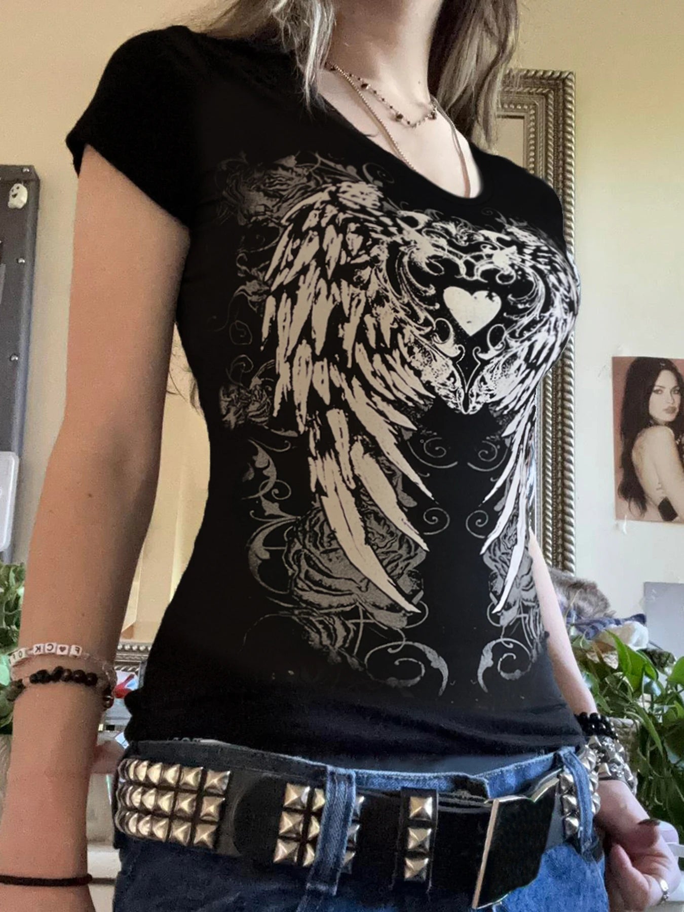 Y2K Grunge Black Heart Print T-shirt