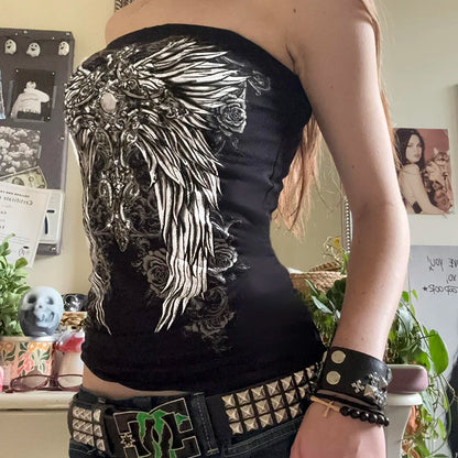 Y2k Gothic Print Black Tube Top