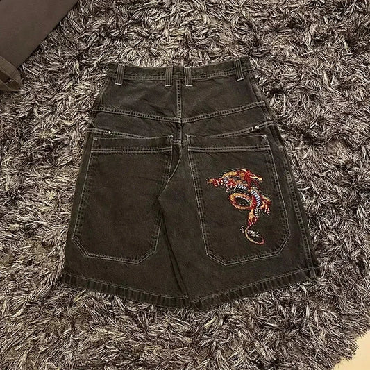 Brown Streetwear Baggy Jean Shorts With Dragon Embroidery