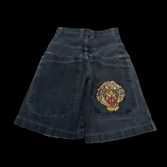 Streetwear Baggy Jean Shorts With Lion Embroidery
