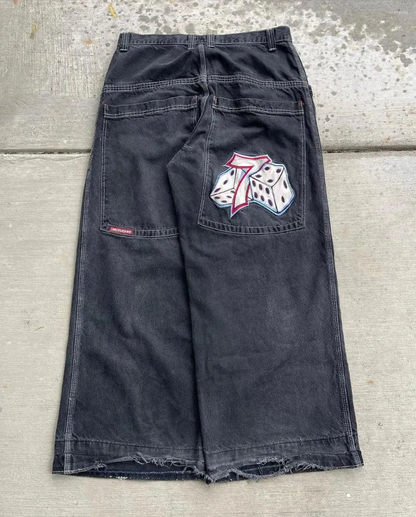 Y2K JNCO Black Baggy Jeans With Dice On Back