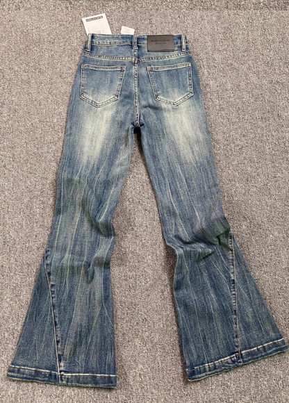 Blue Washed Distressed Micro-Flared Jeans