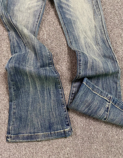 Blue Washed Distressed Micro-Flared Jeans