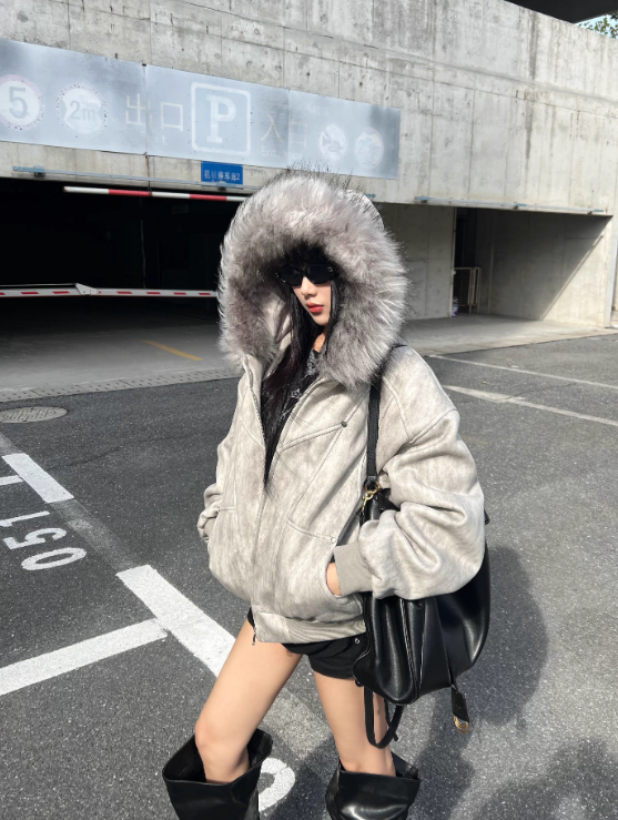American Retro Style Fur Collar Hooded Jacket