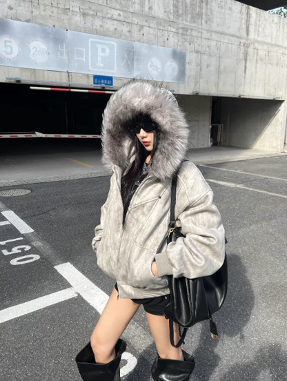 American Retro Style Fur Collar Hooded Jacket