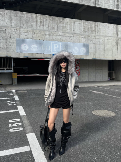 American Retro Style Fur Collar Hooded Jacket