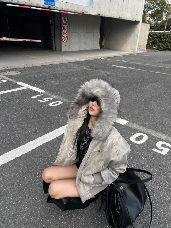 American Retro Style Fur Collar Hooded Jacket